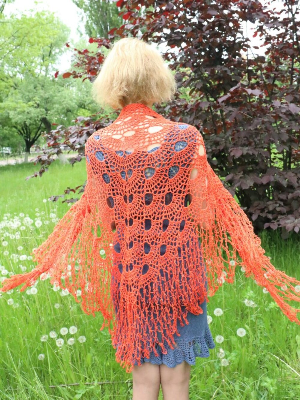 Orange Crochet Triangle Shawl Fringe Boho Festival Wrap Cotton